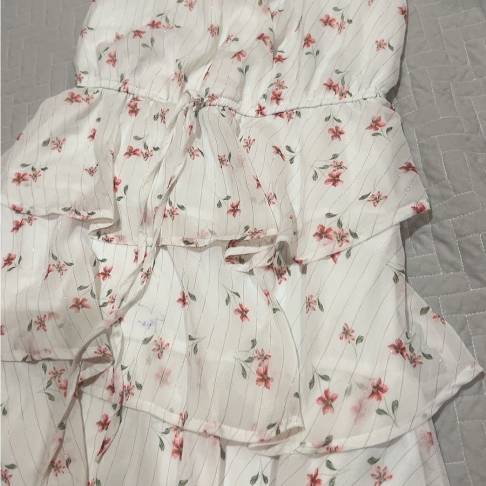 Floral Ruffle Mini Dress - White and Pink